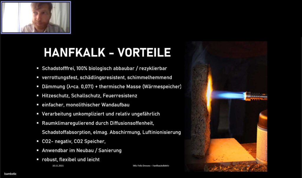 Die Vorteile von Hanfkalk auf einen Blick, Präsentation: Felix Drewes/Hanfbau-Kollektiv, Screenshot: Klimaforum Bau