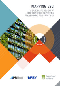 Titelblatt der Studie "Mapping ESG: Landscape Review of Certifications, Reporting Frameworks and Practices", Grafik © INREV, PRI, ULI; Quelle: inrev.org