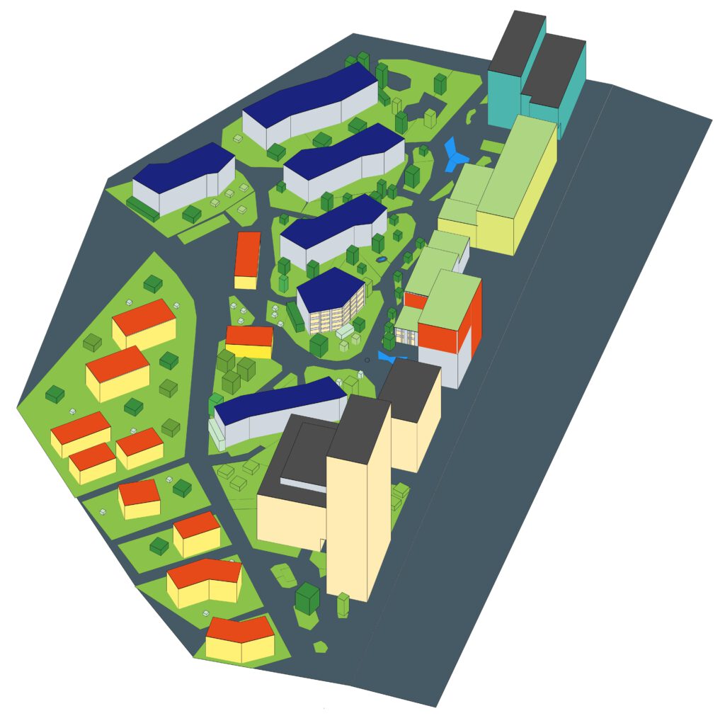 Quartier (in Anlehnung an die Suurstoffi, Rotkreuz) mit Gebäuden, Straßen, Wegen, Grün- und Wasserflächen sowie Bäumen als 3D-Modell (Bild HSLU)
