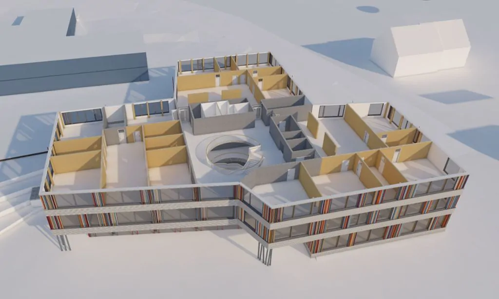 Die Schnittperspektive des Blumberger Schulcampus zeigt das Baumaterial: Braune Bereiche sind aus Holz, graue aus Beton. Grafik: Spieker Sautter Lauer Architekten