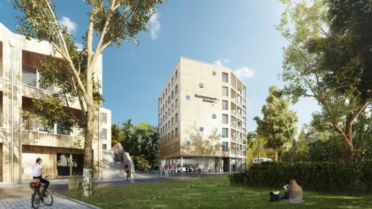 Modellansicht des von Atelier PK Architekten geplanten Studentenwohnheims / Foto: Atelier PK ( https://atelier-pk.com/projekte/holzstudent/ )