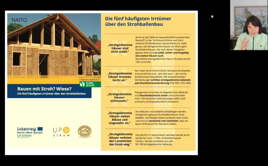 Valérie Madoka Naito erläutert häufige Irrtümer über den Strohballenbau, Präsentation: Valérie Madoka Naito, Screenshot: Klimaforum Bau
