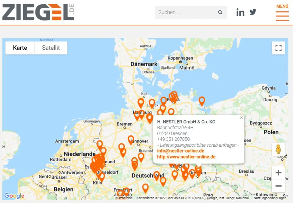 Screenshot der Standortkarte mit Annahmestellen von Altziegeln sowie ziegelreichen Bau- und Abbruchabfällen, Quelle: ziegel.de, Bundesverband der Deutschen Ziegelindustrie gemeinsam mit der Bundesvereinigung Recycling-Baustoffe